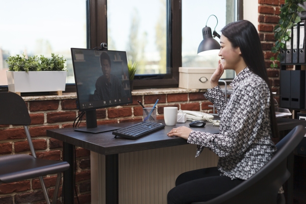 Agency office worker in virtual remote video conference with accounting manager talking about business plan.