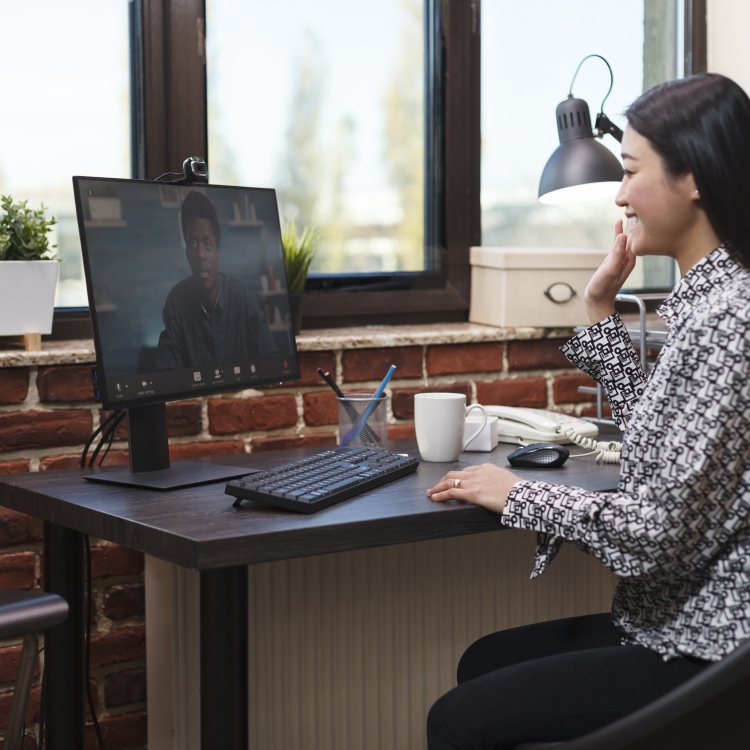 Agency office worker in virtual remote video conference with accounting manager talking about business plan.